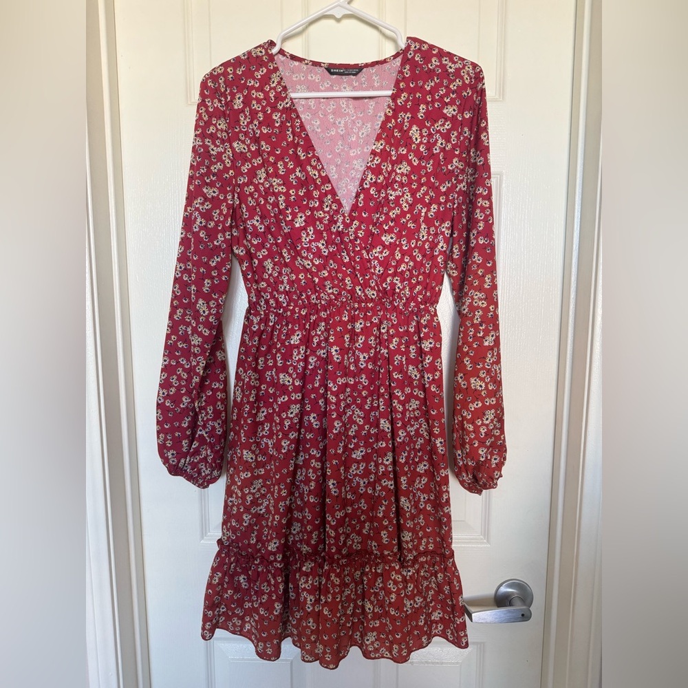 Floral Red Long Sleeve Dress